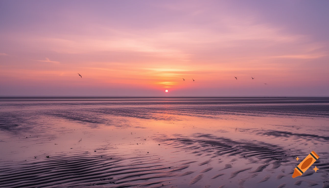 Photorealistic sunset over a vast tidal flat with a vibrant pink and orange sky, sun reflecting on rippled wet sand, and distant birds.