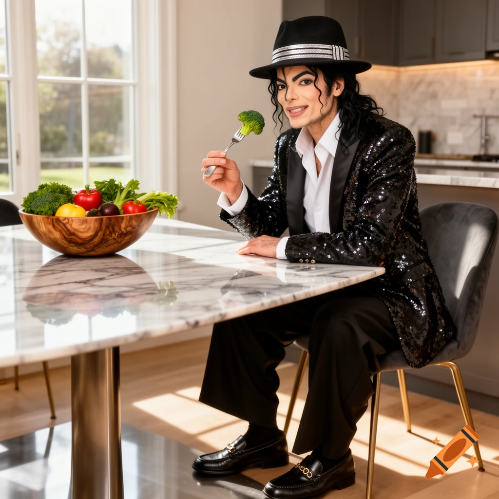 Michael Jackson in a sequined jacket and fedora holds a fork with broccoli at a kitchen table with a bowl of vegetables.