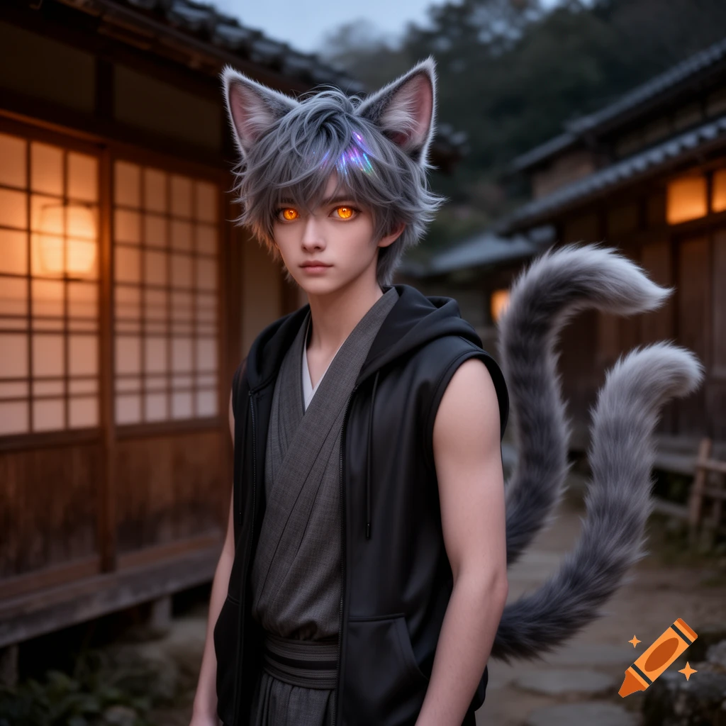 A grey-haired kemonomimi catboy with glowing orange eyes and two fluffy tails stands in a traditional Japanese village. He wears a black hoodie over a grey kimono.
