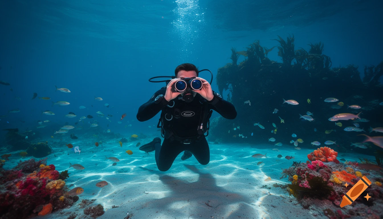 A male diver in a black wetsuit looks through binoculars underwater, surrounded by colorful coral and schools of fish above a sandy seabed.