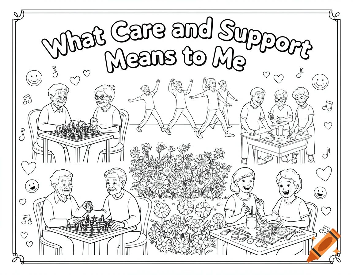 Black and white coloring page for seniors showing activities like chess, exercise, gardening, and crafting, titled 'What Care and Support Means to Me'.
