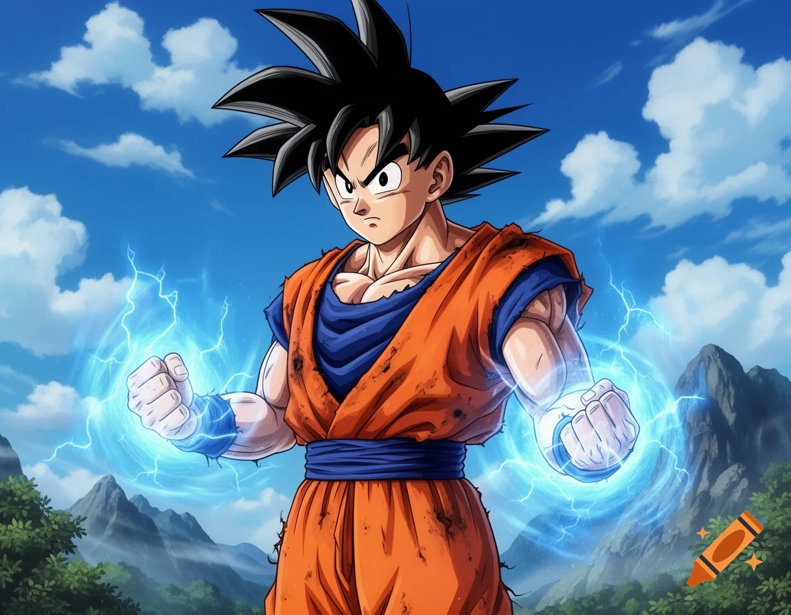 Goku, an anime character with spiky black hair and an orange gi, powers up with blue energy radiating from his fists against a blue sky and mountains.