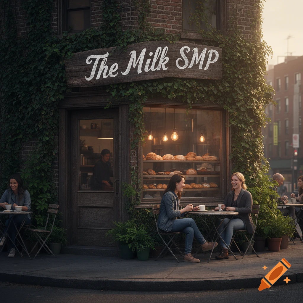 A photorealistic image of a cozy brick cafe with ivy, 'The Milk SMP' sign, and people enjoying drinks at outdoor tables at golden hour.