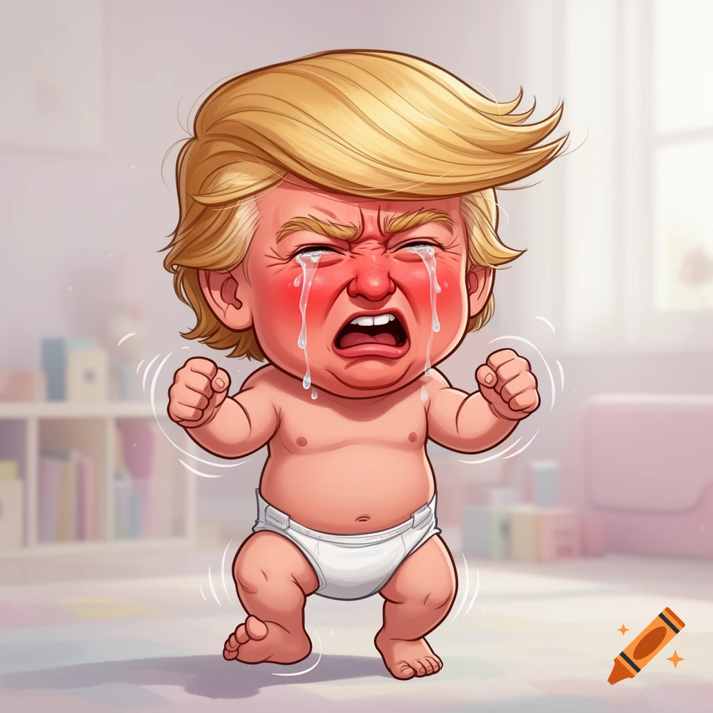 Cartoon caricature of baby Donald Trump in a diaper, crying with a red face and clenched fists, stomping his feet.