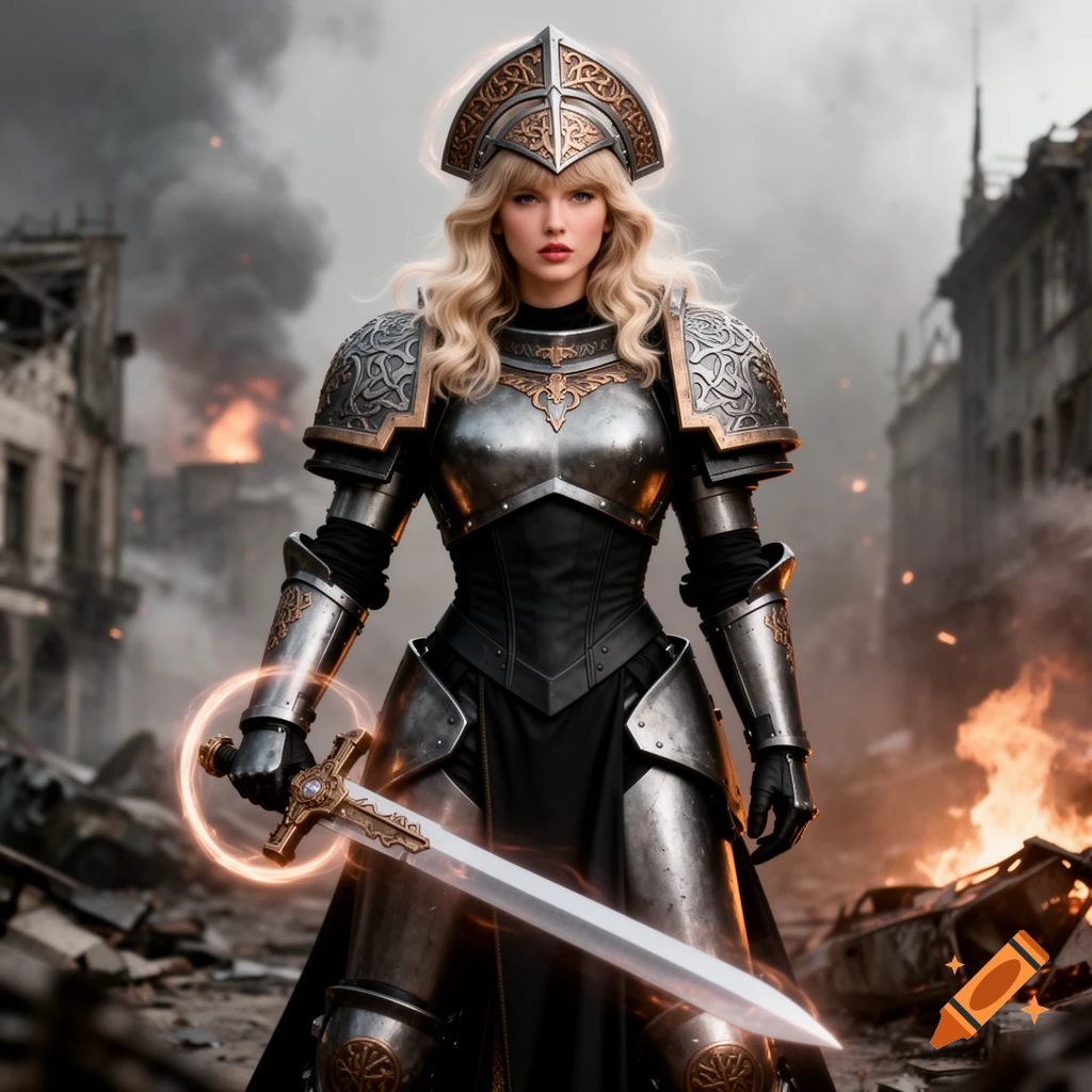 A female warrior in ornate silver and gold armor stands holding a glowing sword in a destroyed, burning city.
