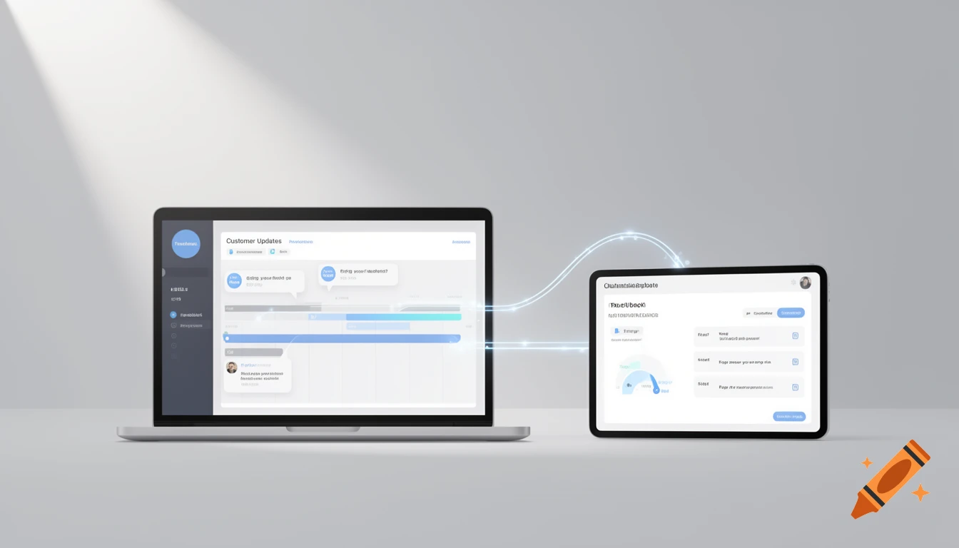 Laptop and tablet displaying a shared timeline and customer update dashboard with glowing connection lines in a clean, minimal style.