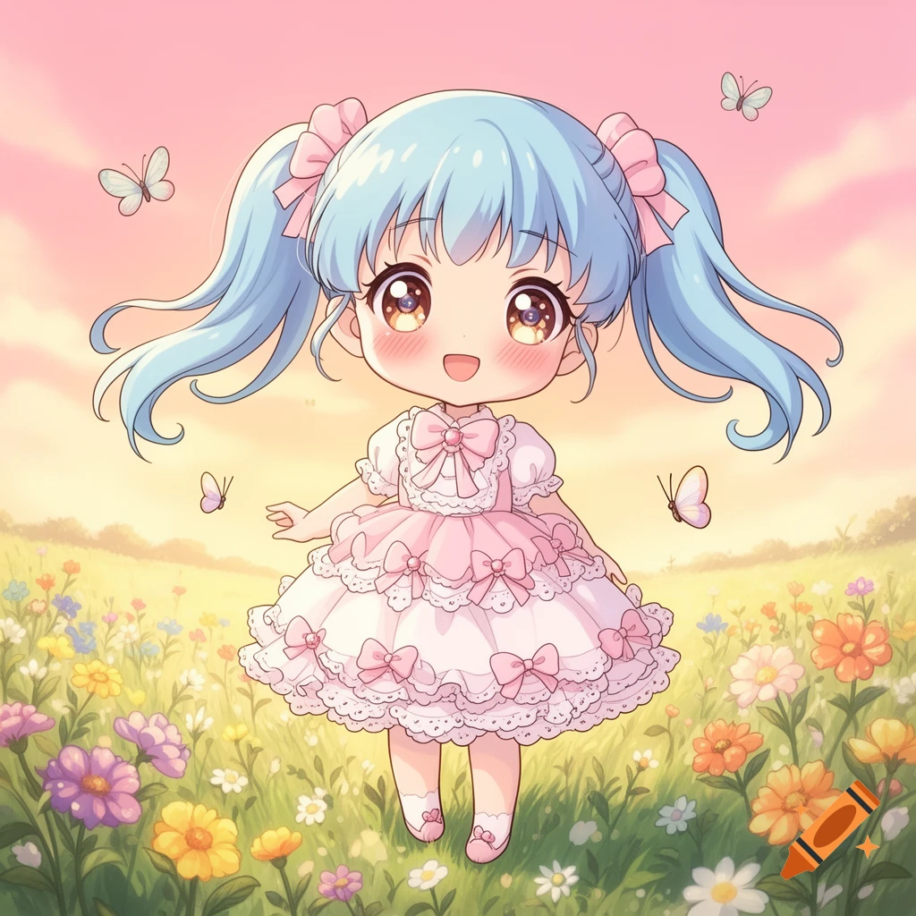 A cute chibi anime girl with blue pigtails and a pink dress stands in a vibrant flower field with butterflies.