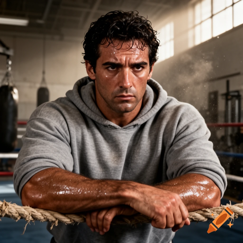 A determined, sweaty male boxer in a gray hoodie leans on the ropes of a boxing ring, with punching bags in the background.