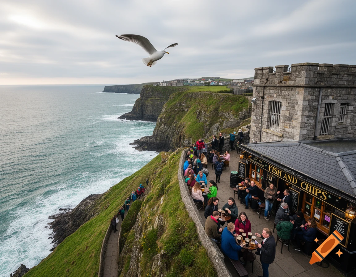 A seagull flies over a cliffside pub with people enjoying drinks and food, overlooking a vast ocean.