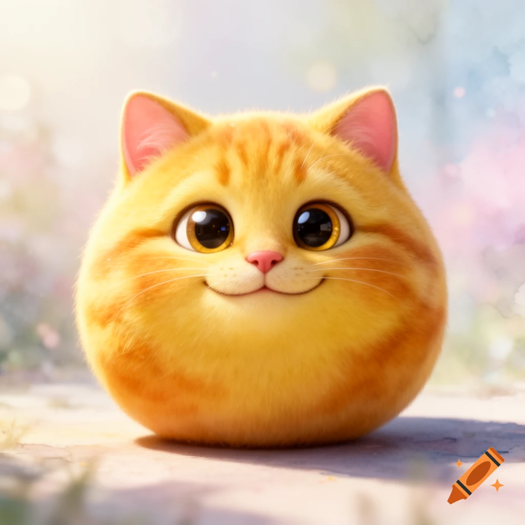 A cute, spherical orange tabby cat with large eyes and a smile, resembling a cat emoji, on a bright path.