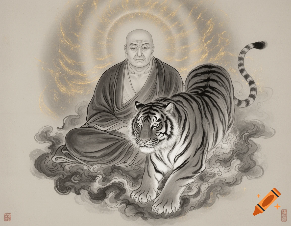 Korean ink wash painting of a meditating monk with a majestic tiger spirit and a golden energy aura.