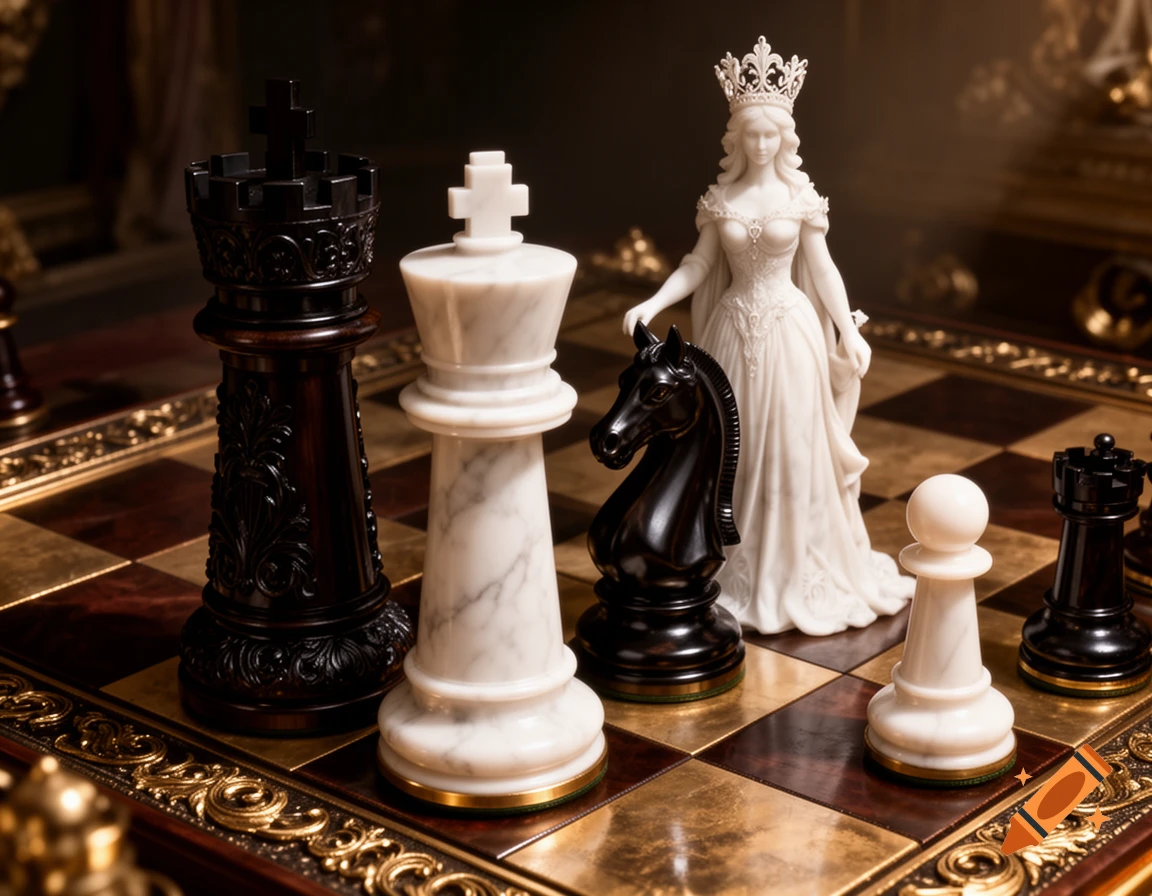 Photorealistic close-up of an ornate chess board with detailed white marble king and queen, black rook, knight, and white pawn.