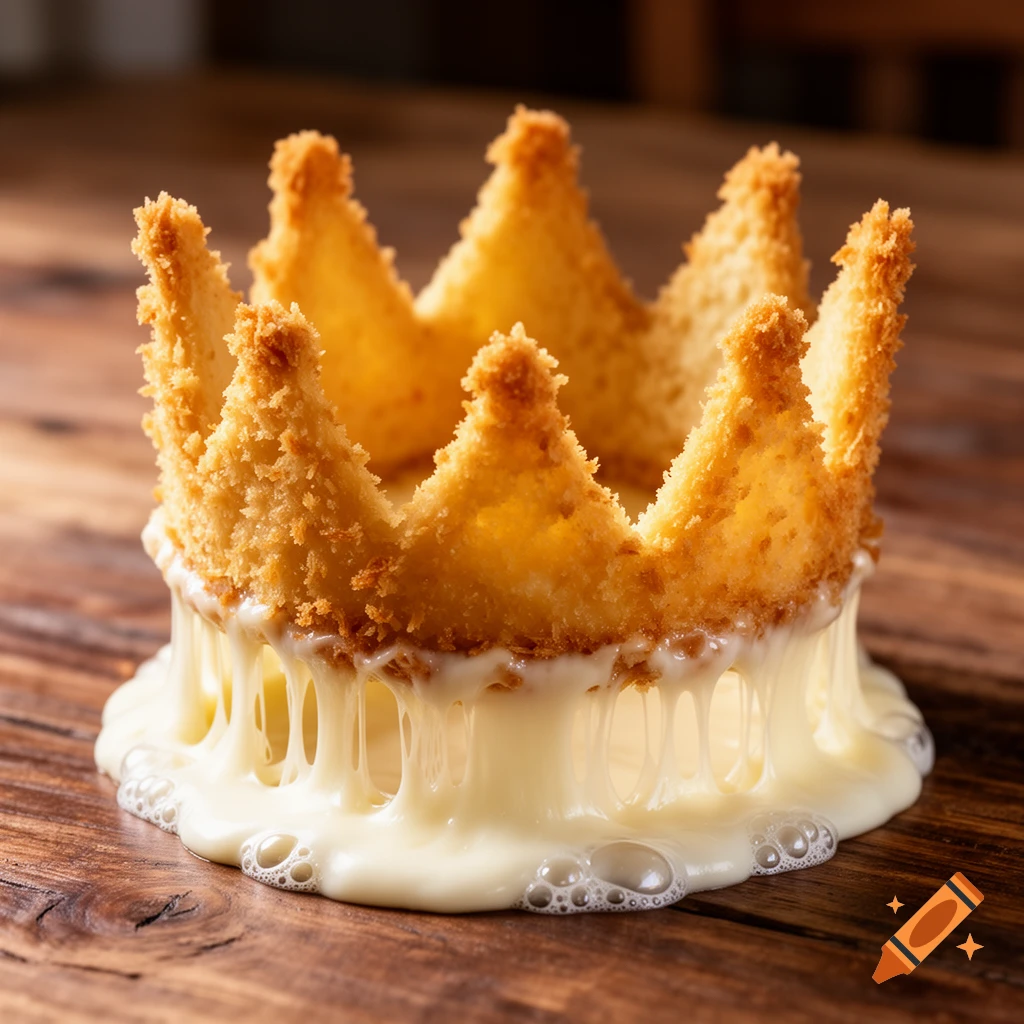 Crispy, golden-brown, breaded cheese crown dripping with stretchy melted mozzarella on a wooden table.