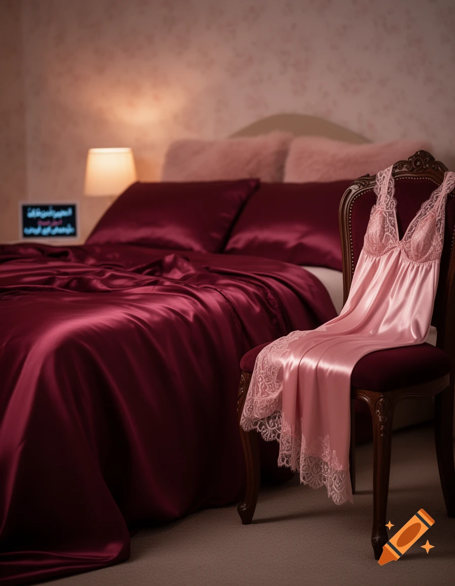 A pink satin nightgown with lace trim draped over a chair next to a bed with deep red satin sheets in a dimly lit bedroom.