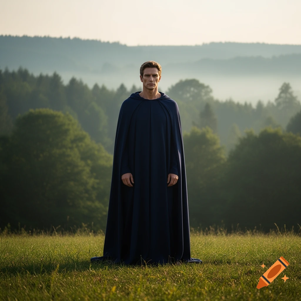 A man in a dark blue hooded cape stands in a grassy field with misty green forests in the background, looking ahead.