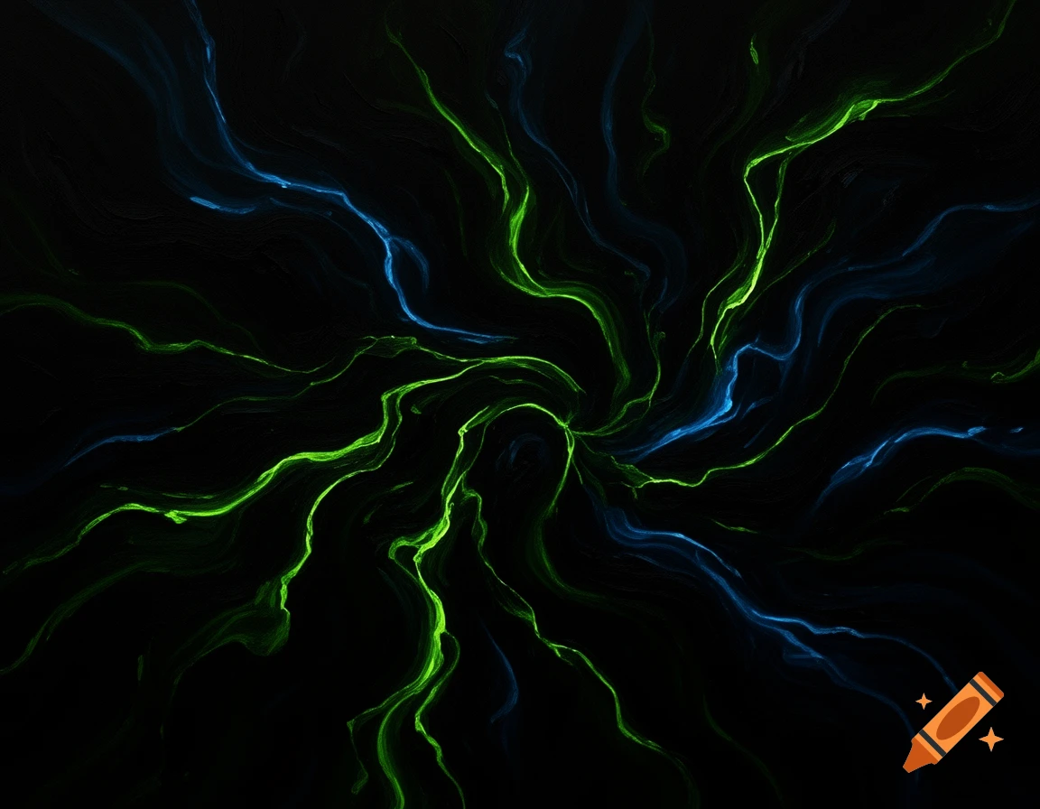Abstract pattern of swirling neon green and blue glowing lines on a black background.