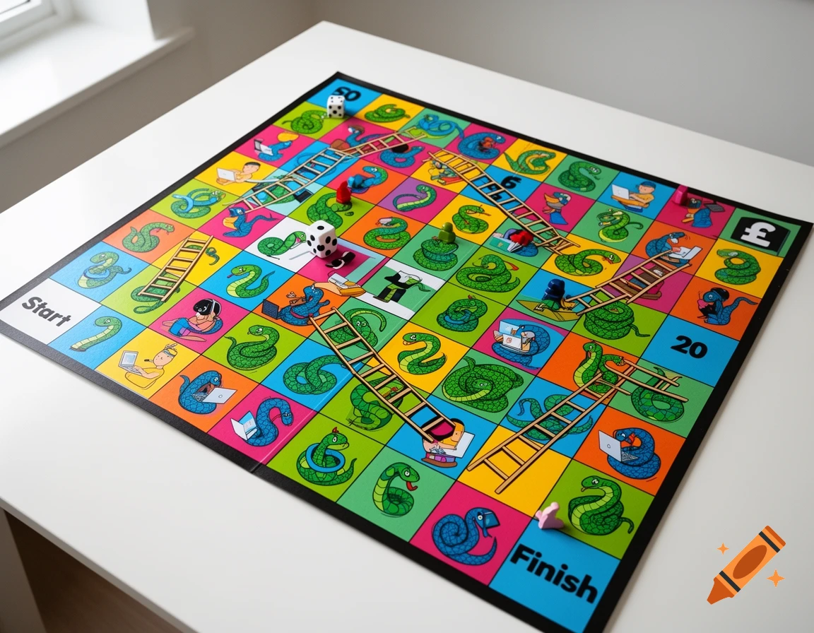 A colorful Snakes and Ladders board game with cartoon snakes working on laptops, dice, and counters on a white table.
