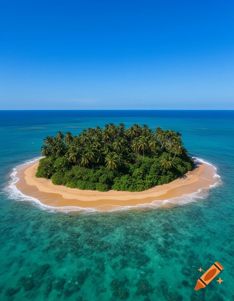 Aerial view of a circular tropical island covered in palm trees, surrounded by a sandy beach and clear turquoise ocean water under a blue sky.