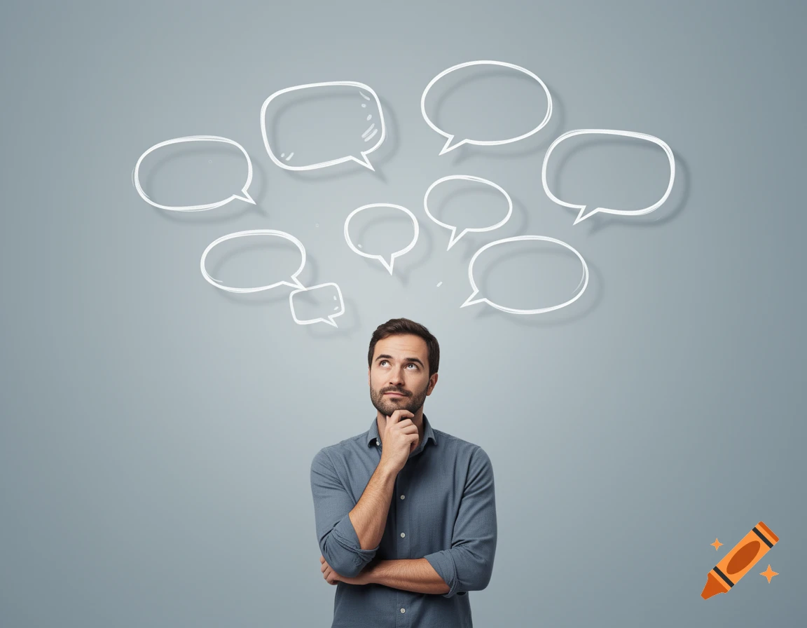 A man in a blue shirt looking up at multiple blank thought bubbles, pondering.
