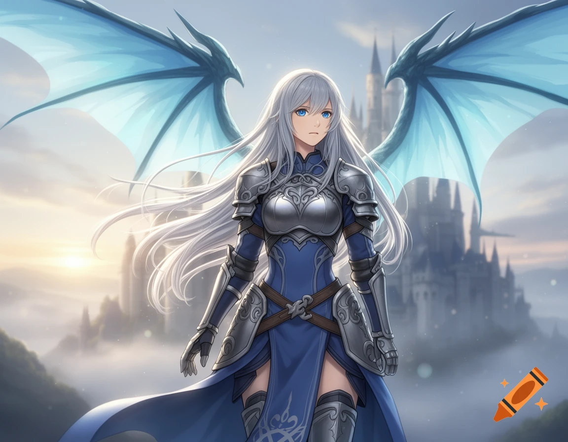 Anime woman with silver hair, blue eyes, and dragon wings in blue and silver armor stands before a fantasy castle at sunrise.