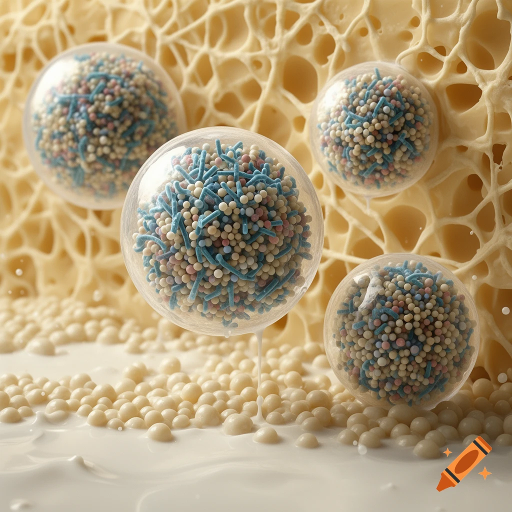 A photorealistic scientific illustration of transparent spheres filled with blue, white, and pink particles, above a creamy liquid and porous matrix.