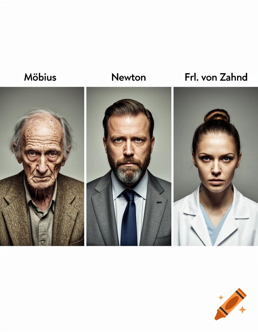 Three photorealistic portraits: an elderly man labeled "Möbius", a bearded man labeled "Newton", and a woman in a lab coat labeled "Frl. von Zahnd".
