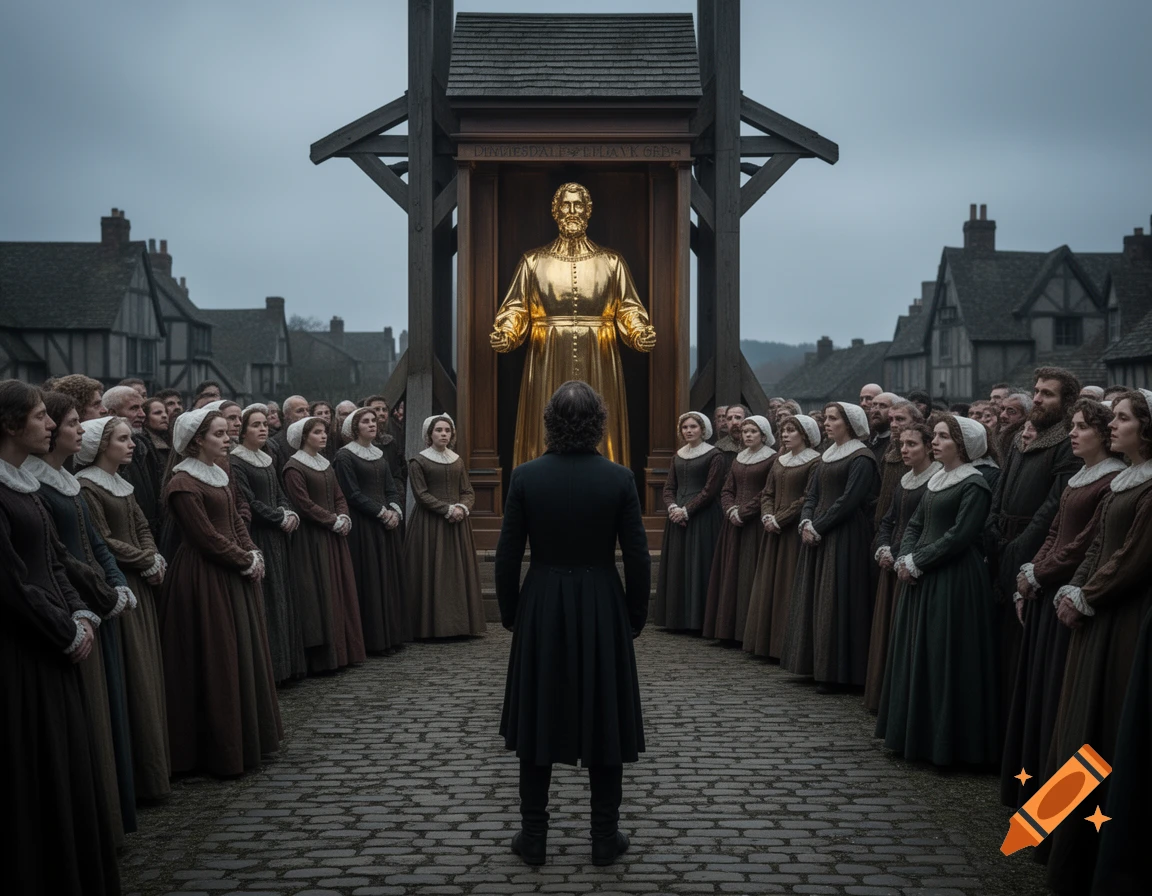 A man in black stands before a golden idol in a wooden structure, surrounded by a crowd in historical attire, on a cobblestone street under a cloudy sky.