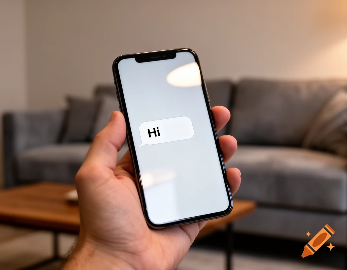 A close-up of a hand holding a black smartphone with the word 'Hi' in a text bubble on its screen, in a living room setting.