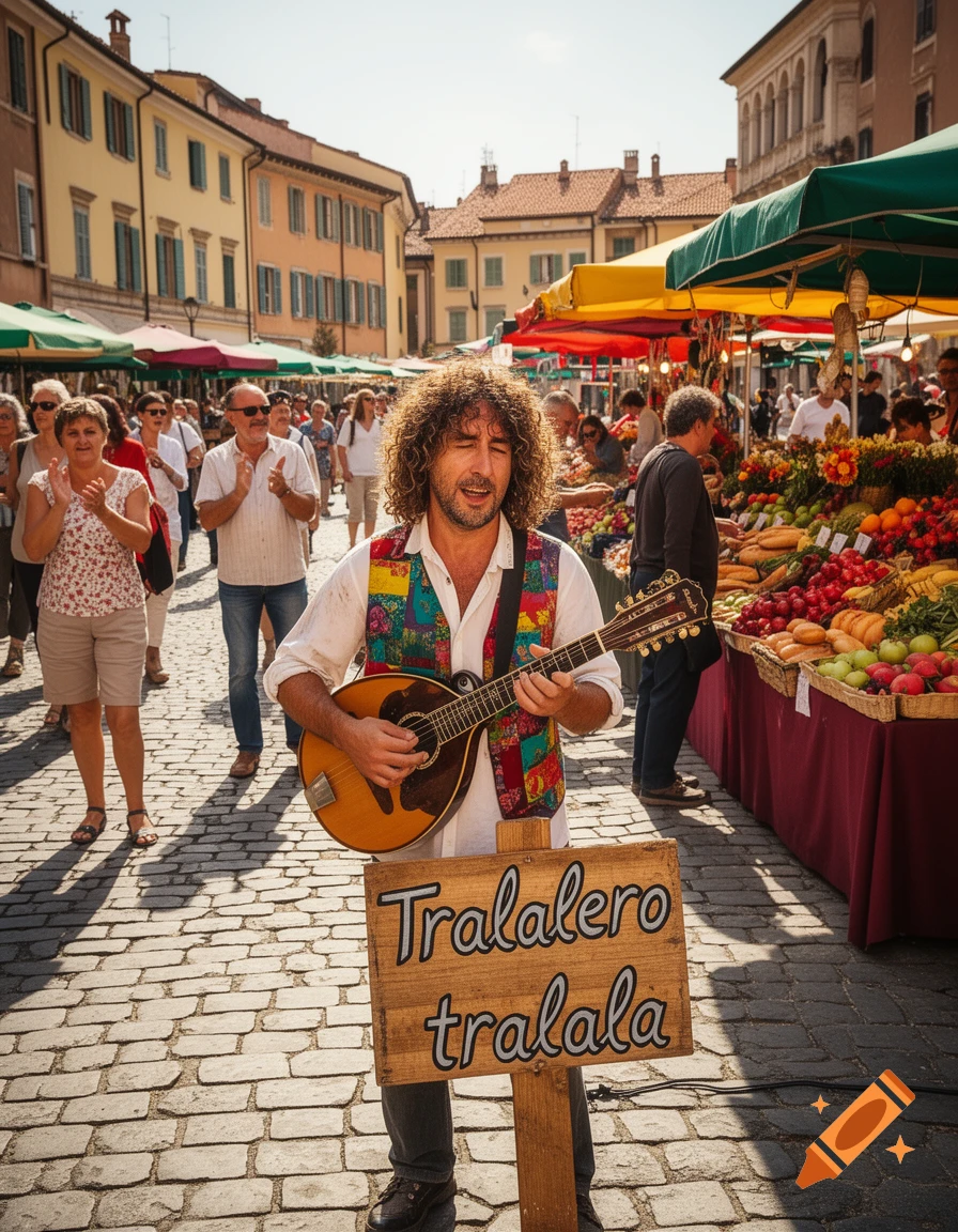 A man with curly hair plays a stringed instrument and sings at a sunny outdoor market, with a sign reading 'Tralalero tralala' in front of him.