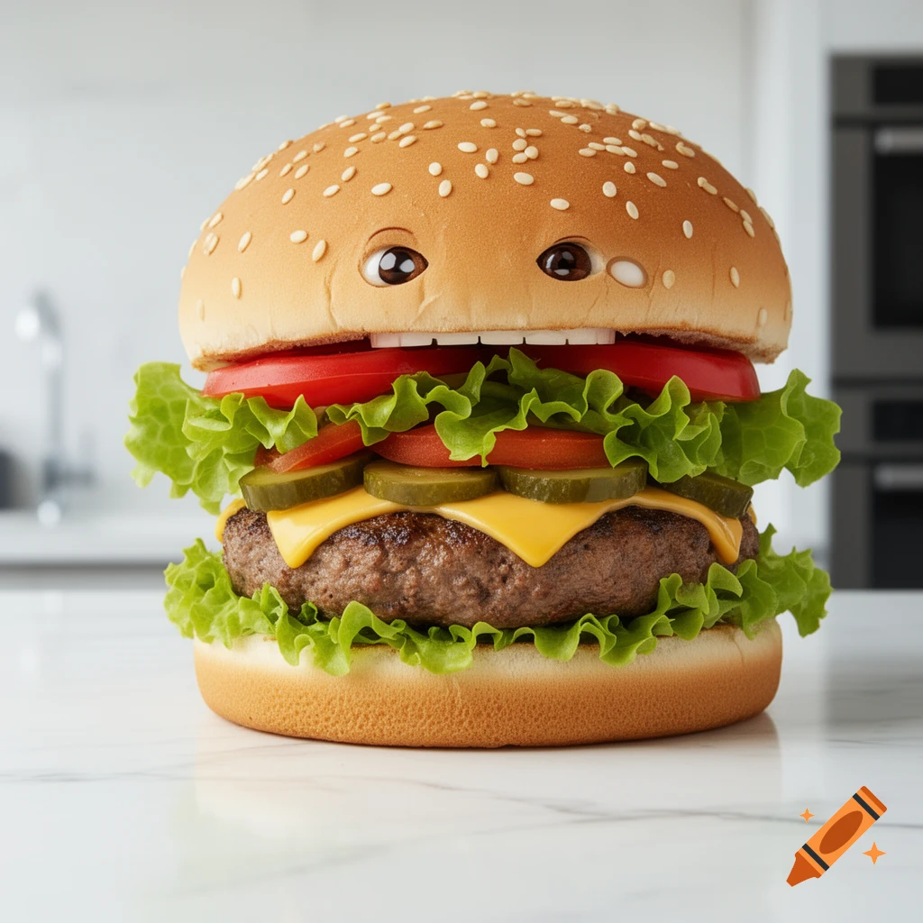 Photorealistic burger with large googly eyes and a wide, toothy smile, on a white marble counter.