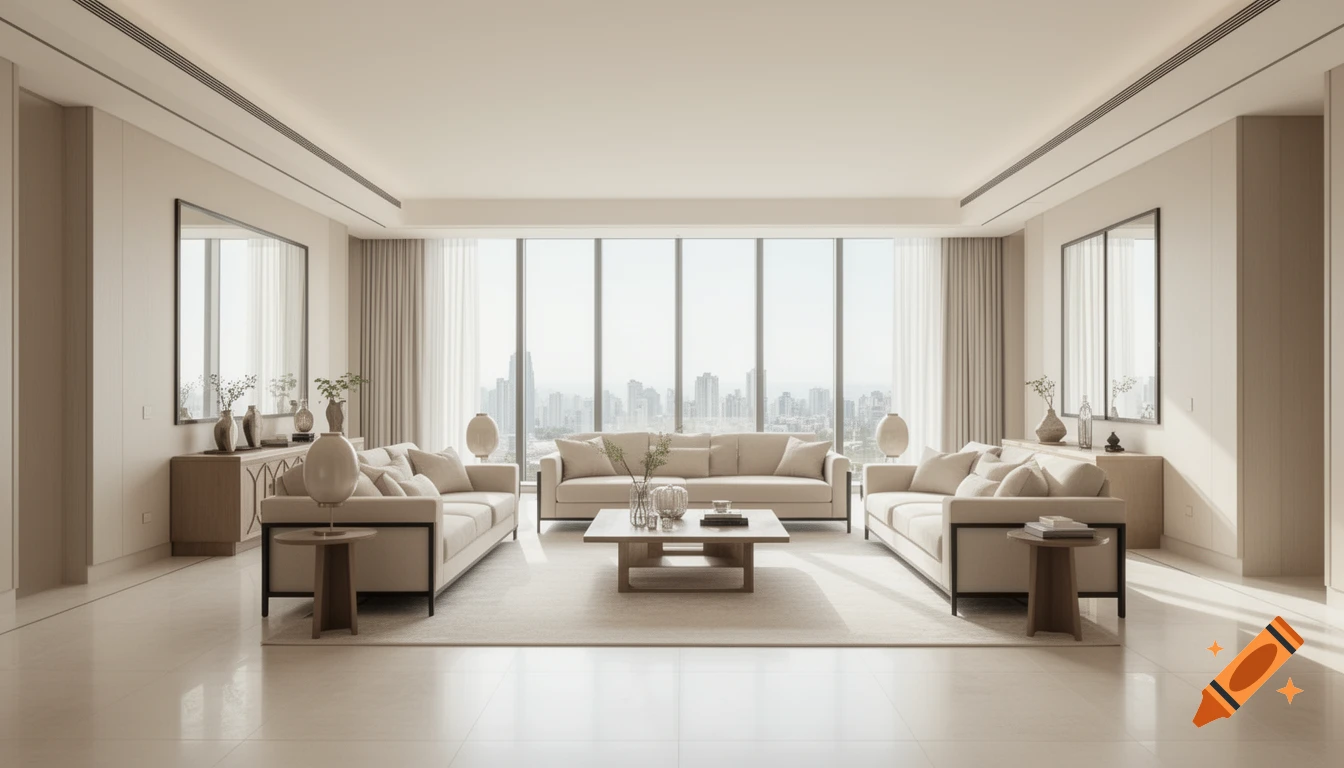 A luxurious, modern minimalist living room with beige sofas, a large window revealing a city skyline, and bright natural light.