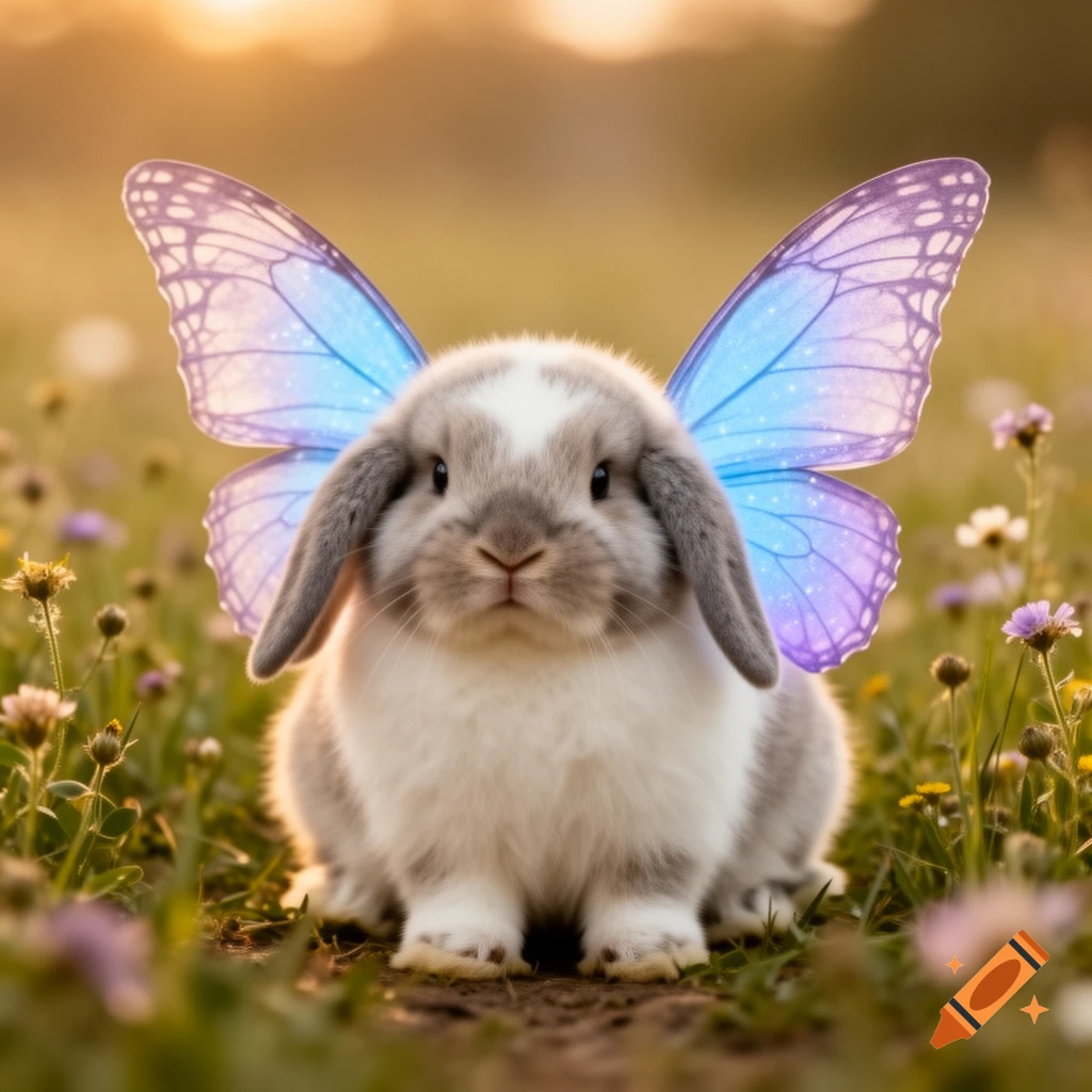 A cute lop-eared bunny with iridescent blue and purple butterfly wings sits in a field of wildflowers at sunset.
