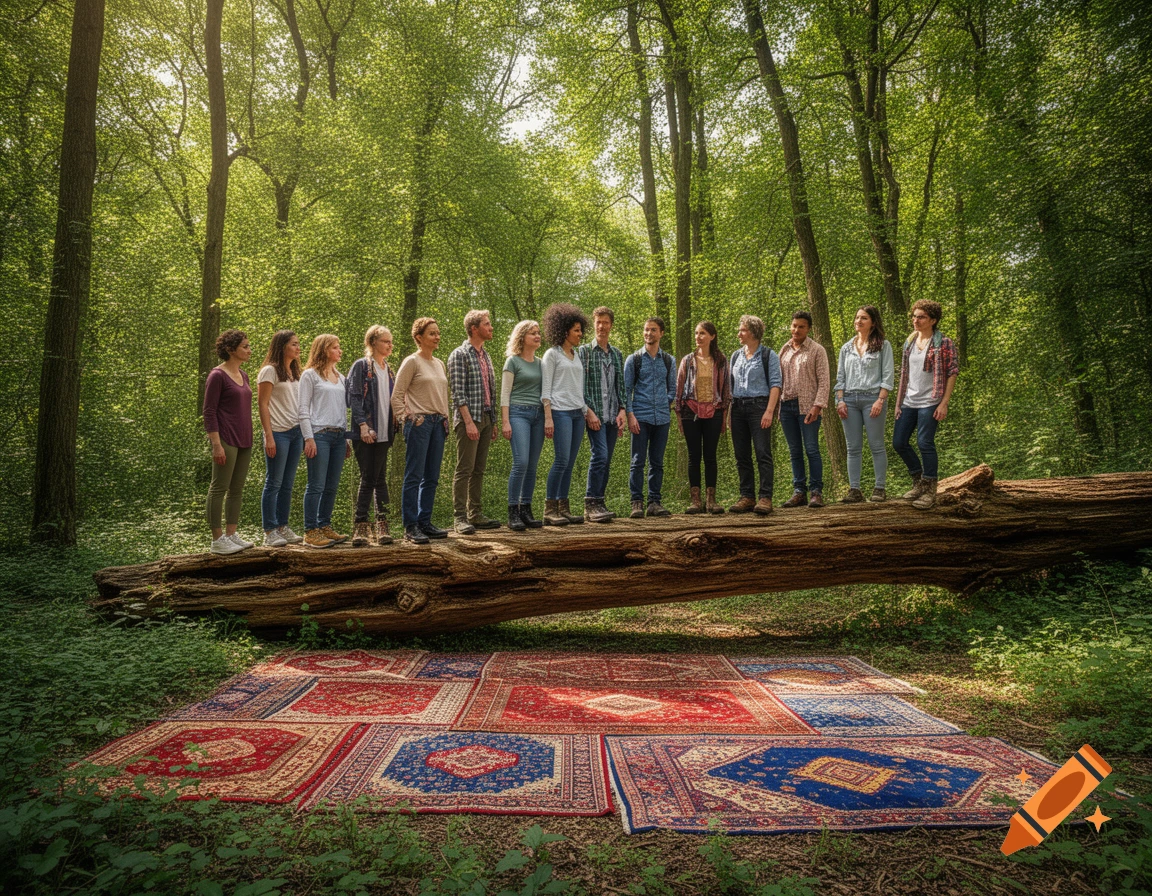 A diverse group of people stands in a line on a fallen tree trunk in a lush green forest, with colorful rugs on the ground below.