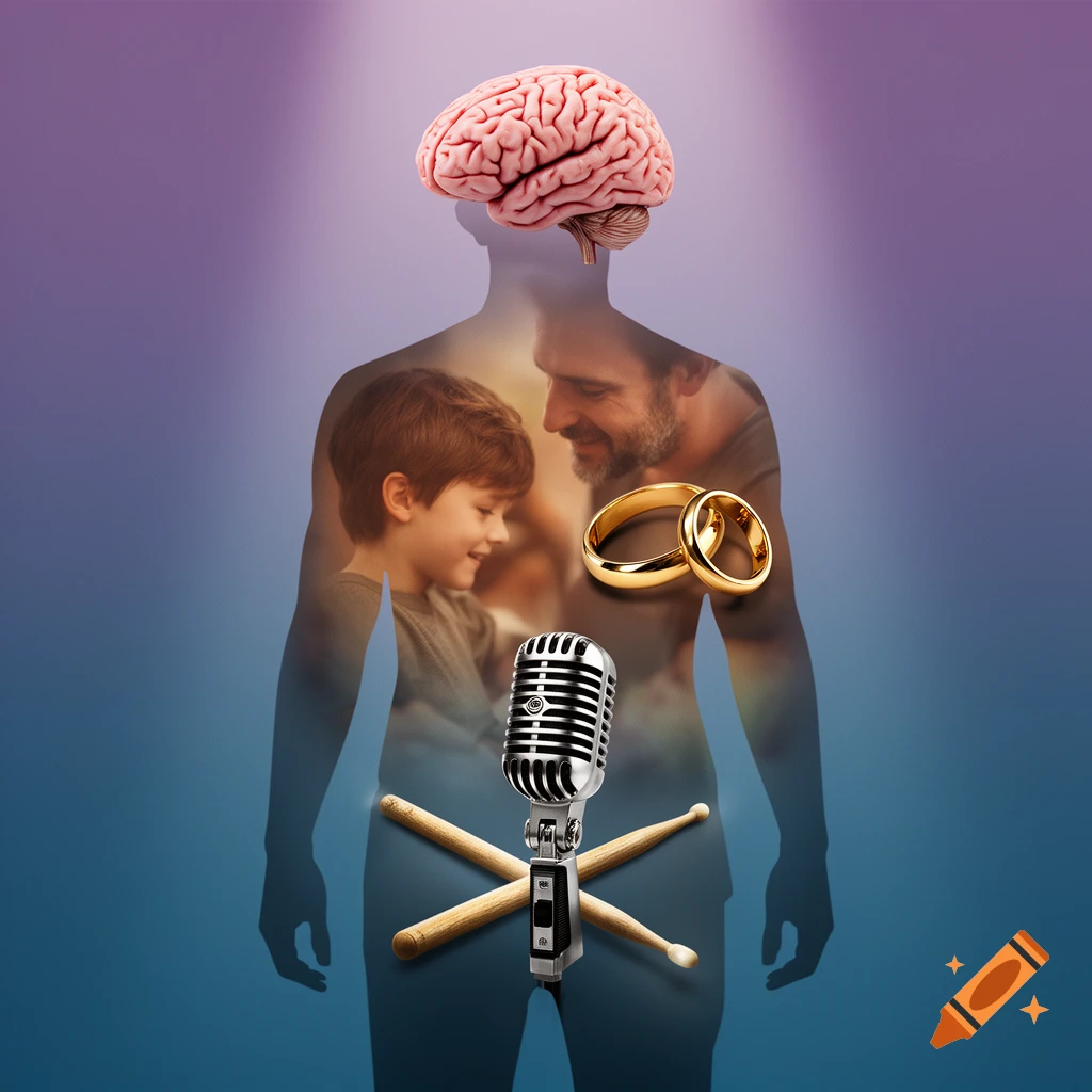 Surreal image of a translucent human silhouette containing a brain, father and son, wedding rings, microphone, and drumsticks.