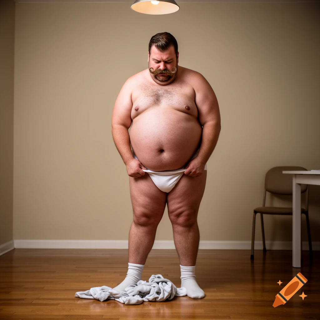 Photorealistic image of an overweight man with a large mustache and belly, wearing white briefs and socks, looking down as he takes off his socks in a room.