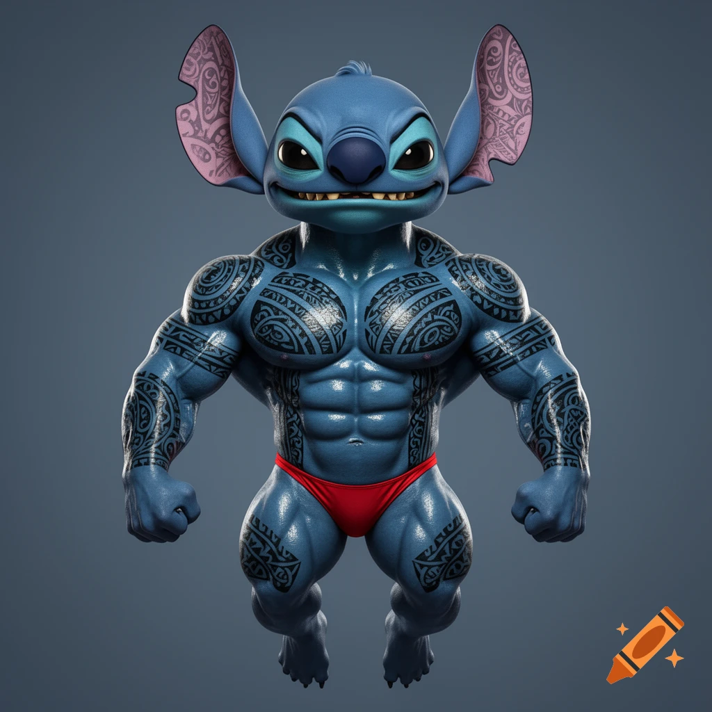Stitch, a blue muscular bodybuilder covered in Polynesian tattoos, wearing a red posing thong, floats against a gray background.