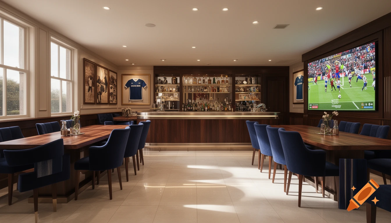 A luxurious, empty sports bar or lounge with wooden tables, blue velvet chairs, a well-stocked bar, and a large screen showing a football match.
