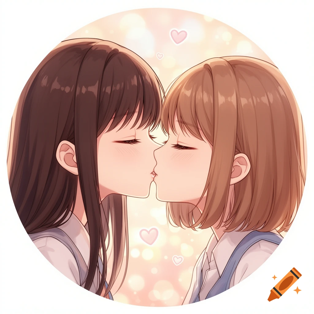 Two anime girls with closed eyes gently kiss, set against a warm pastel background with hearts and bokeh effects.