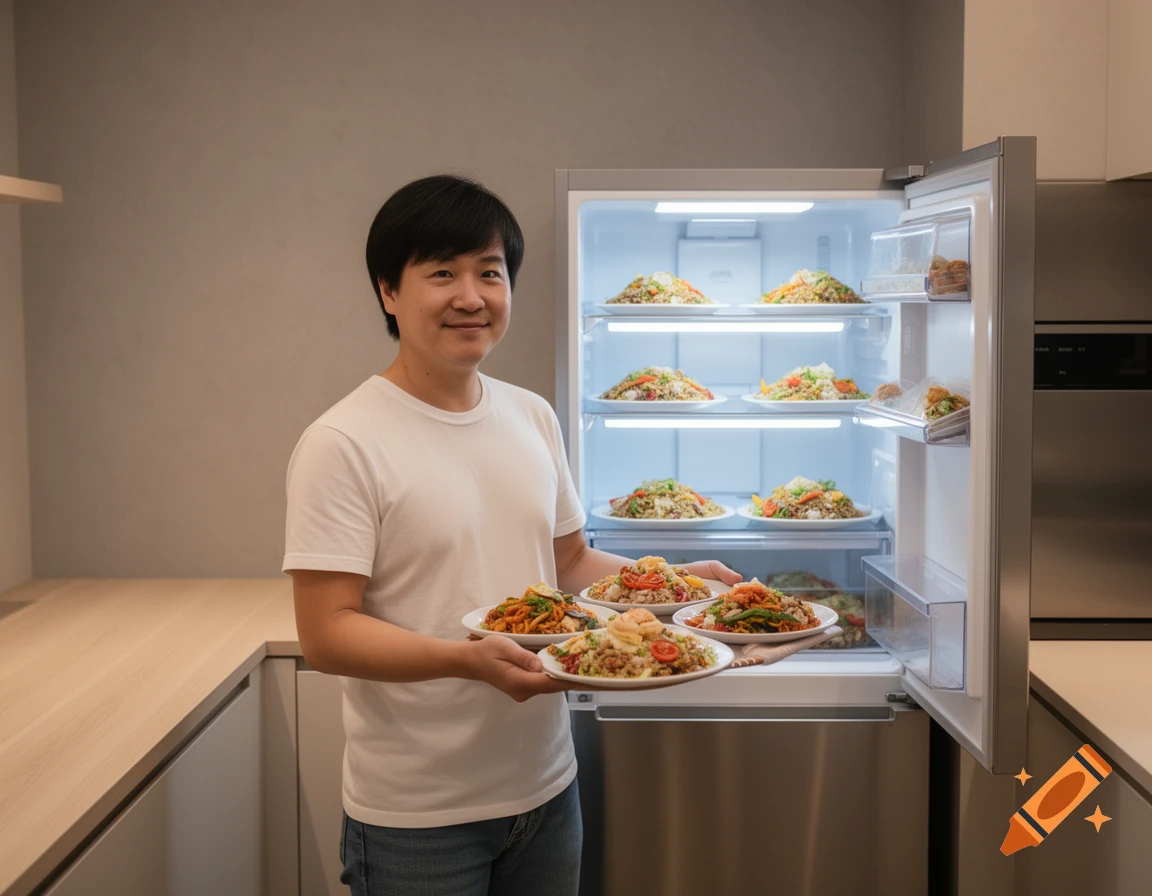 Smiling man holds plates of food in a modern kitchen with an open, full refrigerator.