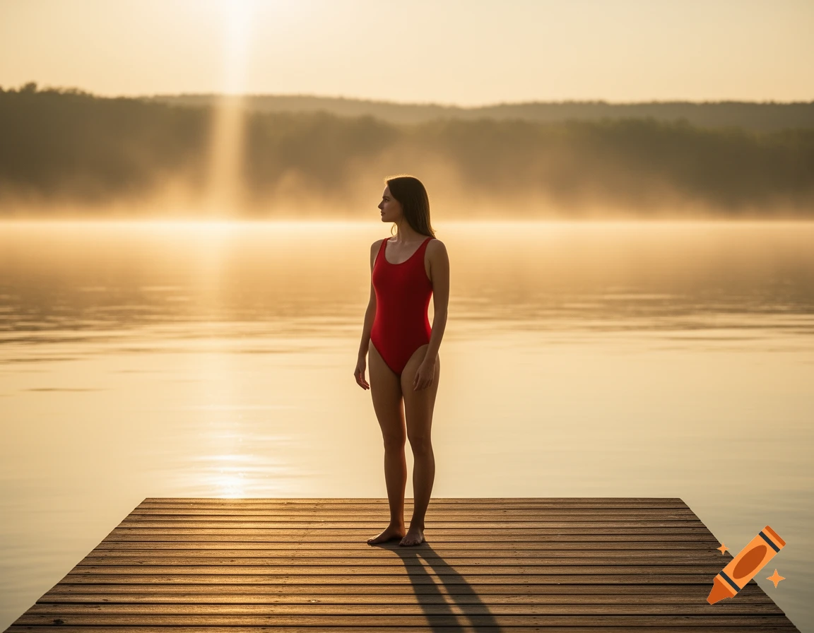 A woman in a red swimsuit stands on a wooden dock, looking at a misty lake during golden hour.