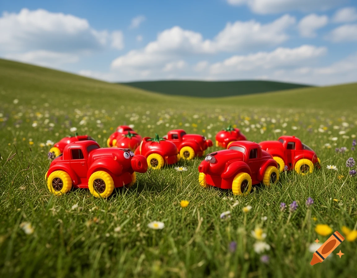 Several red toy trucks with yellow wheels sit in a vibrant green meadow with small wildflowers under a blue sky with clouds.