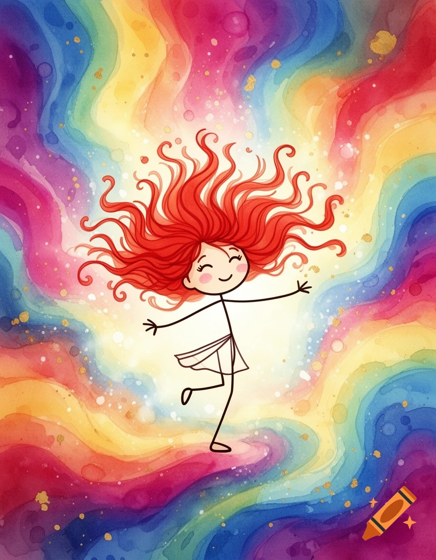 A cheerful stick figure with long red hair dances against a vibrant rainbow watercolor background with golden speckles.