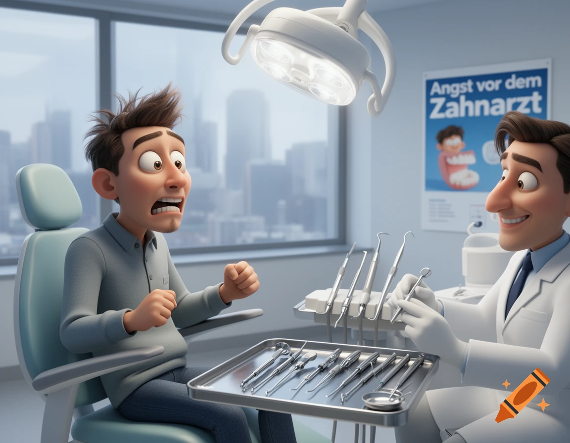A terrified 3D animated patient in a dental chair, facing a smiling dentist holding tools, with a poster in the background.
