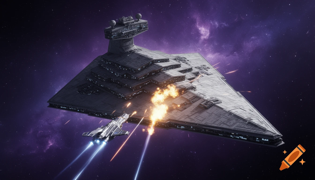A massive Star Destroyer under attack from a smaller frigate in deep space, with explosions on its hull against a purple nebula backdrop.