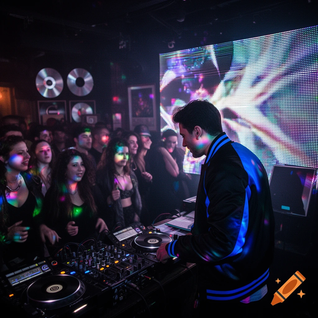 A DJ in a black and blue jacket mixes tracks on equipment, facing a crowd in a dimly lit club with a large, colorful LED screen. Photorealistic.