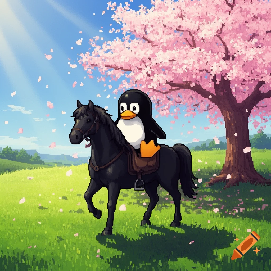 Pixel art of Tux the penguin riding a black horse under a pink cherry blossom tree on a sunny day.