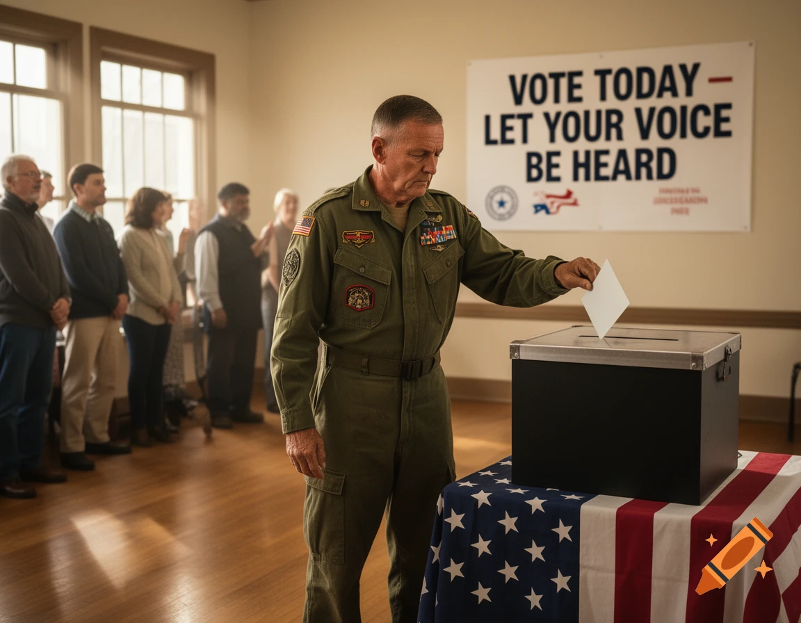 Photorealistic image of a military veteran voting, placing a ballot into a box draped with an American flag. A banner reads 'Vote Today - Let Your Voice Be Heard'.