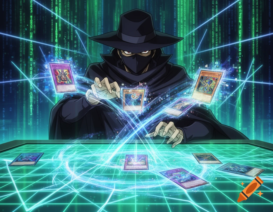 A cloaked figure in a hat and mask plays a digital card game on a glowing table, with cards floating amidst blue energy and a green matrix-like background.