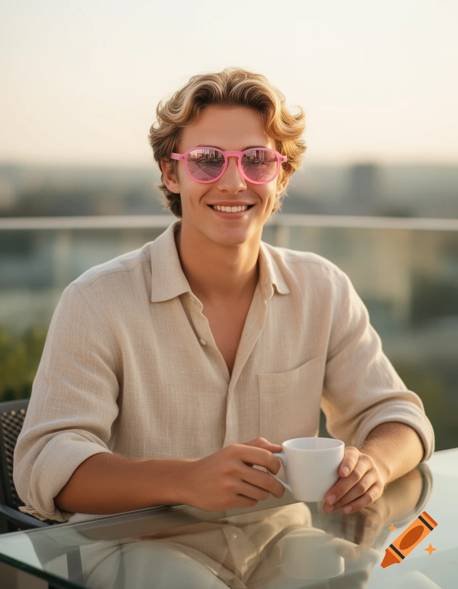 Photorealistic portrait of a smiling young man with wavy blonde hair and pink sunglasses, holding a coffee cup on a sunny rooftop terrace.