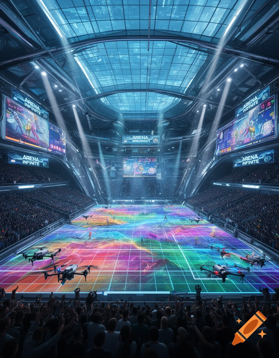 A futuristic esports arena with a vibrant, colorful grid-patterned field, large screens displaying games, drones flying, and a cheering crowd.